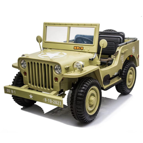 24V X 14 AH  4WD Willys Jeep for Kids 3 Seater Military Jeep - Olive Green