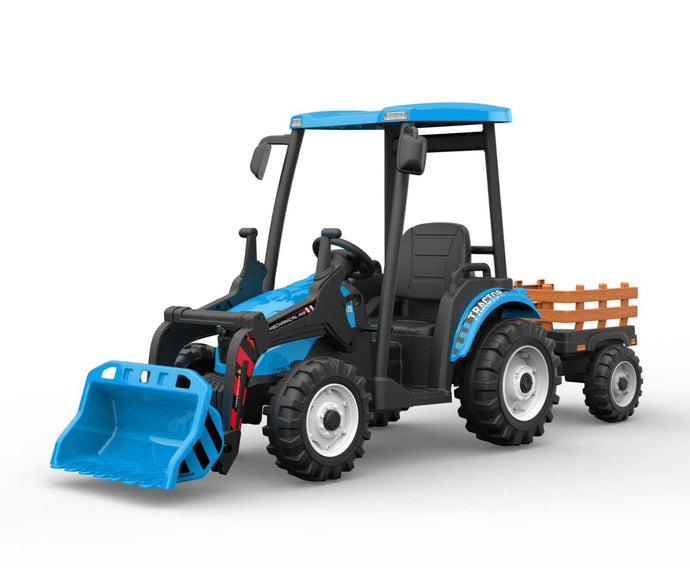 24V Kids Ride on Tractor with roof and trailer Farm Play Ride on car with Remote - Blue